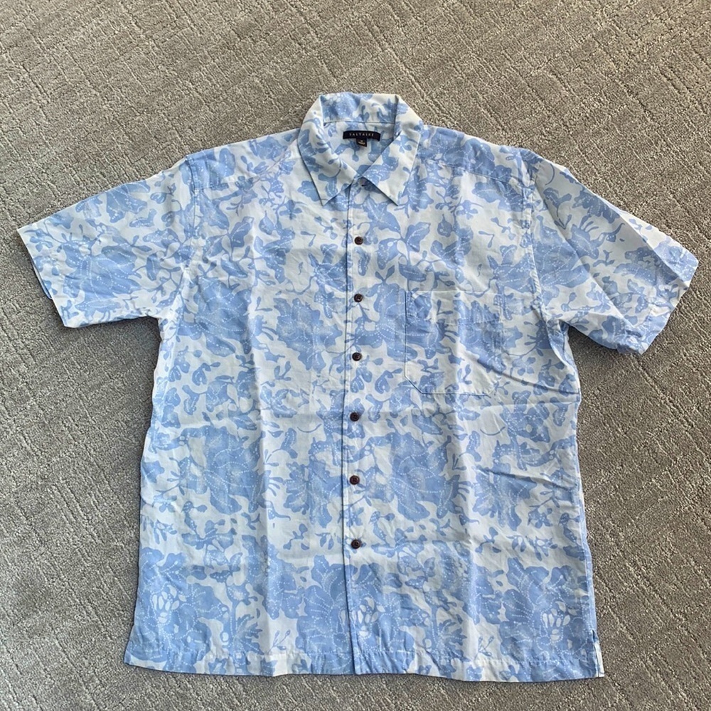 Saltaire Floral Linen Short Sleeve Button Up Coastal Beach Shirt Men's Medium